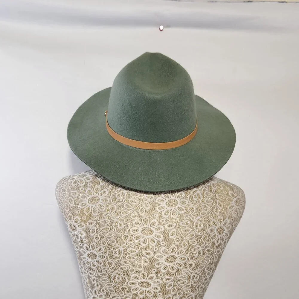 Fedora Hat Sage Green Soft Felt Pinched Crown Wide Brim Unisex Travel Walking